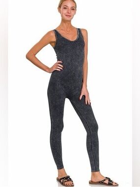 Zenana Outfitters Sleeveless Ribbed Jumpsuit - Charcoal Gray